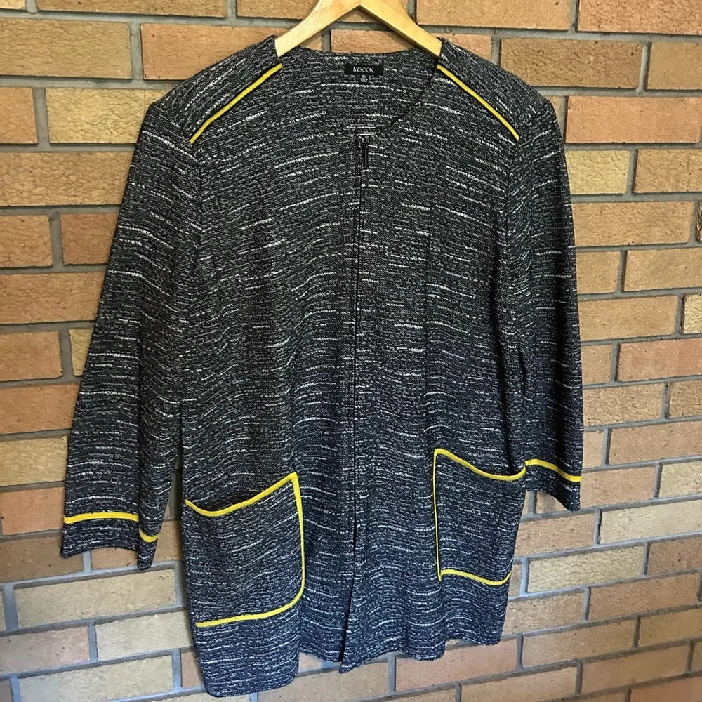 Misook Full Zip Jacket Longline Heathered Black Knit Yellow Trim Womens Size XL